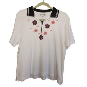 Breckenridge‎ Petite Womens PXL White Floral Embroidered Quarter Zip Polo Top